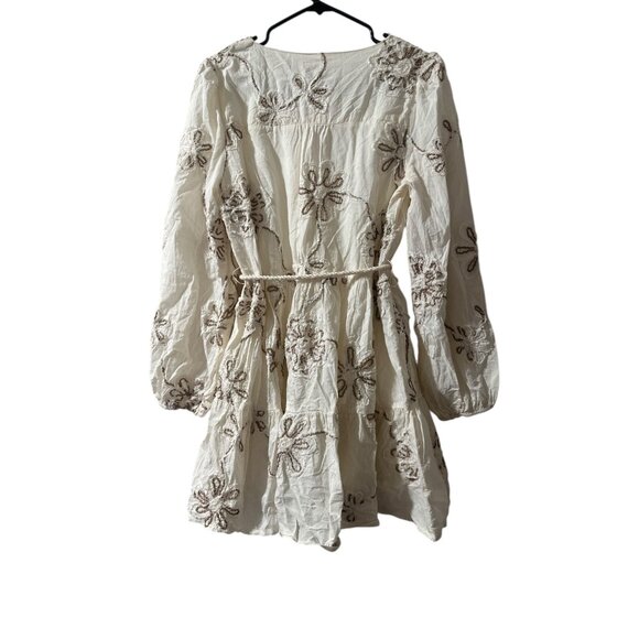 Camellia Embroidered 3D Floral Cottage Mini Dress Women Medium Cream Puff Sleeve - Picture 4 of 16